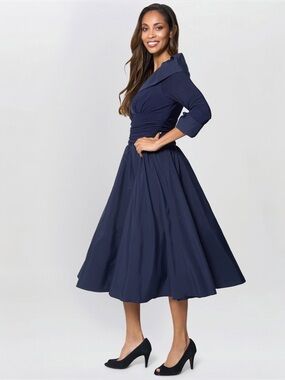 JESSICA HOWARD Navy Taffeta 3/4 Sleeve Portrait Collar Formal Cocktail Dress